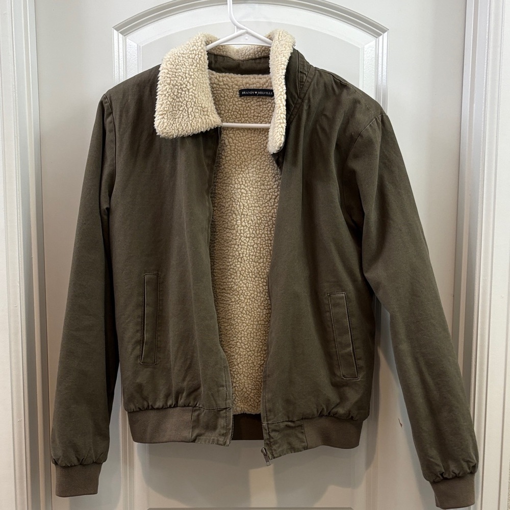 Brandy Melville Olive Bomber Jacket with Cream Sherpa Lining